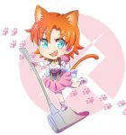  1girl animal_ears cat_ears cat_tail chibi commentary_request cyan_eyes iesupa nora_valkyrie orange_hair paw_pose paw_print rwby solo tail warhammer weapon 