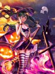  1girl absurdres bare_shoulders bat blush breasts broom broom_riding cleavage collarbone cross floating_hair ghost green_hair halloween halloween_costume hat hatsune_miku highres jack-o&#039;-lantern long_hair looking_at_viewer medium_breasts night night_sky parted_lips sky smile solo star_(sky) starry_sky striped striped_legwear thigh-highs twintails violet_eyes vocaloid witch_hat wrist_cuffs yurika0207 