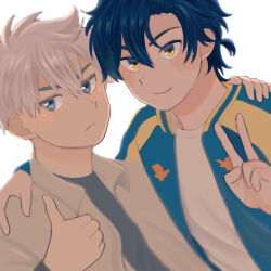  2boys arm_around_shoulder black_shirt blue_eyes blue_jacket cheng_xiaoshi closed_mouth collared_shirt commentary_request grey_shirt hair_between_eyes hand_on_another's_shoulder hand_up highres jacket looking_at_viewer lu_guang male_focus multicolored_jacket multiple_boys open_clothes open_jacket ponytail sakainemutai shiguang_dailiren shirt short_hair short_ponytail simple_background smile thumbs_up undershirt upper_body v white_background white_hair yellow_eyes 
