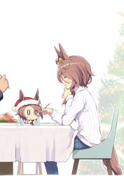  0_0 1boy 2girls animal_ears blue_pants blush blush_stickers brown_hair christmas christmas_ornaments christmas_tree closed_eyes commentary_request denim ears_through_headwear food fur-trimmed_headwear fur_trim hair_over_shoulder hair_ribbon hat holding holding_spoon horse_ears horse_girl horse_tail if_they_mated jeans long_hair long_sleeves mother_and_daughter multiple_girls narita_taishin_(umamusume) odawara_hakone out_of_frame pants parted_lips pink_ribbon red_hat ribbed_sweater ribbon santa_costume santa_hat smile spoon sweater tail turtleneck turtleneck_sweater umamusume white_sweater 