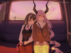  2girls alternate_costume arknights artist_name bag black_bag blush brown_cardigan brown_hair cardigan casual clenched_hands closed_eyes closed_mouth collared_shirt commentary commission cowboy_shot crescent crescent_earrings dress earrings english_commentary evening flustered hairband handbag highres horns indoors jewelry leaning_on_person long_hair long_sleeves looking_to_the_side magallan_(arknights) medium_hair multicolored_hair multiple_girls neck_ribbon noraesei purple_hair red_bag red_dress red_eyes red_ribbon ribbon shadow shirt shoulder_bag side-by-side sitting skirt sky sleeping sleeveless sleeveless_dress streaked_hair sweater train_interior turtleneck turtleneck_sweater typhon_(arknights) very_long_hair vgen_commission wavy_mouth white_hair white_shirt white_sweater window yellow_skirt yuri 