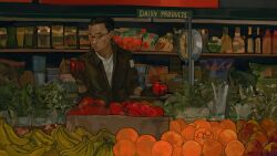  1boy absurdres aisle banana black_gloves black_hair black_jacket buzz_cut disco_elysium english_text food fruit glasses gloves grocery_store highres holding holding_food holding_fruit jacket kim_kitsuragi kozmoraven1610 round_eyewear shelf shirt shopping short_hair solo tomato upper_body very_short_hair weighing_scale white_shirt 