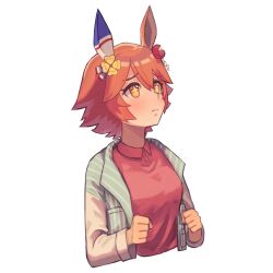  +_+ 1girl absurdres animal_ears blush closed_mouth clover_hair_ornament commentary_request cropped_torso daruma_doll ear_covers erulusyro flipped_hair hair_between_eyes hair_ornament highres horse_ears horse_girl jacket long_sleeves matikanefukukitaru_(casual)_(umamusume) matikanefukukitaru_(umamusume) orange_hair pink_shirt shirt short_hair simple_background single_ear_cover solo striped_clothes striped_jacket textless_version umamusume vertical-striped_clothes vertical-striped_jacket white_background 