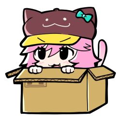  1girl :3 :d animal_ears animal_hat aqua_bow black_eyes black_mouth bow box brown_hat cardboard_box cat_ears cat_girl cat_hat cat_tail commentary dj_booth_(neko)_(tower_defense_simulator) dj_booth_(tower_defense_simulator) double-parted_bangs english_commentary fang fewer_digits flipped_hair full_body genderswap genderswap_(mtf) hair_between_eyes hands_up hat hat_bow highres in_box in_container light_blush long_hair looking_ahead no_pupils official_alternate_costume official_alternate_hair_length official_alternate_hairstyle open_mouth pink_hair pink_tail roblox ryoko6318 simple_background smile solo tail thick_lineart tongue tower_defense_simulator v-shaped_eyebrows white_background 