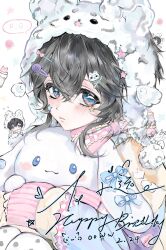  1boy absurdres animal_ear_headwear black_hair blue_eyes blue_shirt blush bow checkered_bow checkered_clothes chibi cinnamoroll closed_mouth double-parted_bangs flying_sweatdrops fuwa_fuwa_cinnamoroll hair_between_eyes hat highres long_sleeves looking_at_viewer male_focus multiple_views original pink_bow sanrio shirt short_hair sitting star_(symbol) theooww086 upper_body white_background white_hat 