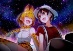  2girls animal_ears backpack bag blue_eyes bow bowtie elbow_gloves gloves hat kaban kemono_friends multiple_girls open_mouth serval_(kemono_friends) serval_ears serval_print sitting skirt sky star_(sky) starry_sky thigh-highs 