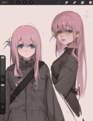  1girl aqua_eyes art_program_in_frame blush bocchi_the_rock! brown_coat closed_mouth coat commentary cube_hair_ornament flying_sweatdrops gotoh_hitori hair_between_eyes hair_ornament hakkun270 lips long_hair nose one_side_up pink_hair solo_focus 