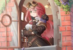 1girl aivy_lovencraft belt black_gloves book bookshelf braco brick_wall craftito fanart flower_pot gloves goggles goggles_on_head green_eyes half_gloves hand_on_own_chin highres indie_virtual_youtuber lamp long_hair monocle open_window pink_hair smile standing virtual_youtuber vtuber vtuberfanart window