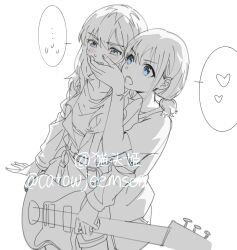  ... 2girls blue_eyes blush catowjeemson chinese_commentary commentary_request covering_another's_mouth cowboy_shot electric_guitar fender_jazzmaster girls_band_cry greyscale guitar hand_over_another's_mouth heart highres holding holding_guitar holding_instrument instrument iseri_nina jacket kawaragi_momoka long_hair long_sleeves looking_at_another monochrome multiple_girls open_mouth shirt short_sleeves spoken_ellipsis spoken_heart spoken_sweatdrop spot_color sweatdrop v-shaped_eyebrows yuri 