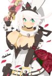  1girl absurdres akahuzi between_breasts blush breasts choker cleavage elphelt_valentine flower green_eyes guilty_gear guilty_gear_xrd gun highres holding holding_weapon large_breasts rose smile solo twitter_username weapon white_hair wrist_cuffs 