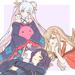  3girls ^_^ animal_ear_fluff animal_ears animal_on_shoulder bare_shoulders blue_nails blush brown_hair cho_kaguya-hime! closed_eyes commentary_request crescent crescent_hair_ornament elbow_rest flat_color forehead_jewel fushi_(cho_kaguya-hime!) grin hair_ornament hair_rings hair_stick hand_on_own_stomach head_rest japanese_clothes kaguya_(cho_kaguya-hime!) kimono looking_at_another mugi_(banban53) multicolored_eyes multiple_girls nail_polish pink_hair purple_hair purple_nails runami_yachiyo sakayori_iroha sea_slug smile umbrella_octopus white_hair 