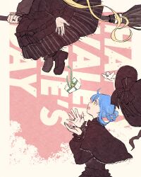  absurdres alternate_costume bird black_capelet black_dress blonde_hair blue_hair box braid braided_hair_rings broom broom_riding capelet commentary_request dress dropping frilled_dress frills gift gift_box hair_rings hands_up happy_valentine hat highres long_hair long_sleeves mahou_shoujo_no_majo_saiban natch open_mouth out_of_frame pink_background short_hair sitting tachibana_sherry tono_hanna upper_body valentine very_long_hair witch witch_hat 