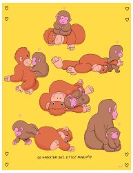  ._. animal animal_focus animification baby_animal brown_fur commentary dragging english_commentary english_text highres holding holding_animal holding_stuffed_toy hugging_object monkey natalikoromoto original parody punch_the_monkey_(ichikawa_city_zoo) real_life stuffed_animal stuffed_monkey stuffed_toy style_parody yellow_background 