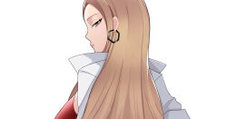  1girl blonde_hair business_suit closed_mouth coat commentary_request earrings from_behind green_eyes hexagon_earrings highres hoop_earrings jewelry lenxiao long_hair looking_back oleana_(pokemon) pokemon pokemon_swsh red_lips red_shirt shirt solo suit upper_body white_coat 