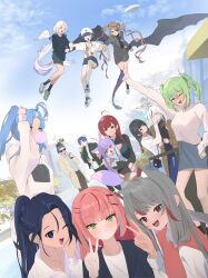  2boys 6+girls :d ahoge airi_kanna akane_lize animal_ear_fluff animal_ears antlers aokumo_rin arahashi_tabi arm_up ayatsuno_yuni bag bangs_pinned_back black_eyes black_hair black_jacket black_shirt black_shrug black_socks black_sweater black_wings blank_eyes blowing_bubble_gum blue_eyes blue_hair blue_pants braid braided_twintails brown_coat brown_hair brown_pants cat_ears cat_girl cat_tail chewing_gum closed_eyes coat commentary_request cup curtained_hair day disposable_cup dot_nose double-parted_bangs drinking dutch_angle everyone flying fox_ears fox_girl fox_tail frown gangzi_(vtuber) green_eyes green_hair grey_hair grey_jacket grey_shoes grey_skirt grin group_picture half_up_braid hanako_nana hand_on_another's_chin hand_up hat heterochromia high_ponytail highres holding holding_cup hood hood_down hooded_shrug hoodie horns ive_(stellive) jacket jageunson korean_commentary lifting_person long_hair long_sleeves looking_at_another looking_at_viewer low_twintails miniskirt multicolored_hair multiple_boys multiple_girls neneko_mashiro one_eye_closed open_clothes open_coat open_jacket open_mouth orange_eyes outdoors pants pink_hair ponytail print_shirt quad_tails red_eyes red_hair shirayuki_hina shirt shoes short_hair short_shorts short_sleeves shorts shoulder_bag shrug_(clothing) skirt smile sneakers socks standing stellive straight_hair streaked_hair sunglasses sweater t-shirt tail tenko_shibuki trench_coat twin_braids twintails v very_long_hair very_short_hair virtual_youtuber white_background white_hair white_hat white_hoodie white_shirt white_sweater wings yellow_coat yuzuha_riko 