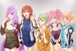  5girls blonde_hair blue_eyes breasts commentary commentary_request freyja_wion green_eyes green_hair kaname_buccaneer large_breasts macross macross_delta makina_nakajima medium_breasts mikumo_guynemer multicolored_hair multiple_girls no_pants pink_hair purple_hair red_eyes redhead reina_prowler small_breasts takase translation_request 