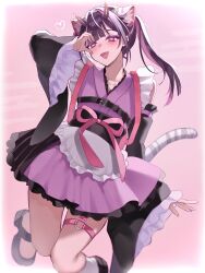  1boy :d animal_ear_fluff animal_ears apron arm_up belt_buckle black_hair black_sash black_shoes black_sleeves blunt_bangs blush border bright_pupils buckle chest_belt cho_kaguya-hime! collarbone commentary_request crossdressing crossdressing_(mtf) detached_sleeves dress egasumi fading_border fang foot_out_of_frame frilled_apron frilled_sleeves frilled_straps frills furisode_sleeves gradient_horns hair_intakes half-heart_hands hand_over_eye heart heart-shaped_pupils highres horns japanese_clothes jumping kimono kimono_dress knees_together_feet_apart komazawa_noi long_hair male_focus mary_janes minouchi multicolored_hair multicolored_horns o-ring o-ring_thigh_strap obi obidome oni pink_background pink_dress pink_hair pink_kimono pink_ribbon pink_streaks ribbon sash shoes short_dress short_kimono simple_background sleeve_garter sleeveless sleeveless_kimono small_horns smile socks streaked_hair striped_tail symbol-shaped_pupils tail thigh_gap thigh_strap tiger_boy tiger_ears tiger_tail trap twintails two-tone_hair waist_apron white_apron white_border white_pupils white_socks white_tail wide_sleeves 