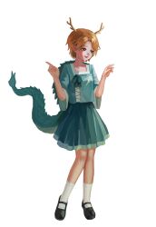  1girl absurdres antlers black_shoes blonde_hair blue_shirt chinese_commentary commentary_request dragon_girl dragon_horns dragon_tail full_body fur-tipped_tail highres horns kicchou_yachie mary_janes open_mouth qiyu_yun_zhizhong red_eyes shirt shoes short_hair smile socks solo square_neckline tail touhou turtle_shell white_socks yellow_horns 