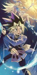  1boy 1girl absurdres black_pants black_shirt blonde_hair blue_jacket card dark_magician_girl doanyttiott duel_monster glowing highres holding holding_card jacket millennium_puzzle multicolored_hair muto_yugi pants purple_hair shirt spiky_hair staff trading_card yu-gi-oh! yu-gi-oh!_duel_monsters 