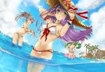  3girls armband beach bikini blue_eyes blue_sky blush bow breasts brown_eyes character_request cleavage clouds day dutch_angle flower green_eyes green_hair groin hair_over_one_eye hat hat_bow hat_flower heterochromia hibiscus highres house innertube jewelry long_hair looking_at_viewer midriff multiple_girls mythical_world_(shutan) navel necklace open_mouth original outdoors palm_tree purple_hair red_eyes silver_hair sky smile splashing standing straw_hat sun_hat swimsuit tree twintails wading water 