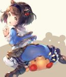  1girl ass bag brown_hair deecha finger_to_mouth granblue_fantasy handbag headband horns looking_at_viewer looking_back shadow solo stuffed_animal stuffed_toy teddy_bear yaia_(granblue_fantasy) yellow_eyes 