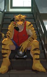  1boy animal_ears antique_phone barefoot blue_eyes blue_shorts blush claws commentary fang furry furry_male highres holding holding_phone male_focus morenatsu muscular muscular_male nt_kichi8642 on_stairs one_eye_closed open_mouth phone red_shirt red_tank_top rotary_phone shirt shorts sitting sitting_on_stairs sleeveless sleeveless_shirt stairs sweat tail tank_top tiger_boy tiger_ears tiger_stripes tiger_tail torahiko_oshima 