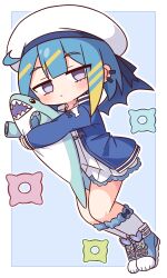  1girl absurdres blonde_streaks blue_hair blue_jacket blue_shoes blue_wings blunt_bangs blush border closed_mouth commentary_request double-parted_bangs dress duel_monster empty_eyes full_body grey_eyes grey_socks hana_kazari hat highres holding holding_stuffed_toy jacket kneehighs lil-la_(yu-gi-oh!) live_twin_lil-la long_sleeves looking_at_viewer multicolored_hair open_clothes open_jacket outline outside_border shoes short_dress short_hair simple_background socks solo streaked_hair stuffed_animal stuffed_shark stuffed_toy white_border white_dress white_hat white_outline wings yu-gi-oh! 