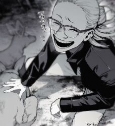  1boy arm_on_thigh boku_no_hero_academia closed_eyes commentary_request facial_hair glasses greyscale hair_slicked_back hand_on_animal highres jacket kaido_(kaido_ggg) long_hair male_focus monochrome mustache open_mouth outdoors pants present_mic rabbit smile solo squatting 