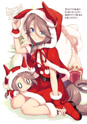  0_0 2girls animal_ears animal_hood arm_up blue_eyes blush boots box brown_hair capelet closed_mouth commentary_request dress eyes_visible_through_hair fake_animal_ears fingerless_gloves fur-trimmed_boots fur-trimmed_capelet fur-trimmed_dress fur-trimmed_gloves fur-trimmed_hood fur-trimmed_sleeves fur_trim gift gift_box gloves hair_over_one_eye hand_on_own_ear hat highres hood hood_up hooded_capelet horse_ears horse_tail if_they_mated long_sleeves merry_christmas mother_and_daughter multiple_girls narita_taishin_(umamusume) odawara_hakone parted_lips pulling_own_ear red_boots red_capelet red_dress red_gloves sack santa_costume santa_hat sitting small_sweatdrop smile sweat tail translation_request umamusume wariza 
