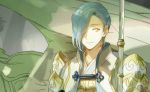  1boy blue_hair feathered_wings fire_emblem fire_emblem_if hair_over_one_eye male_focus pegasus_knight polearm portrait runia shigure_(fire_emblem_if) solo spear weapon wings yellow_eyes 