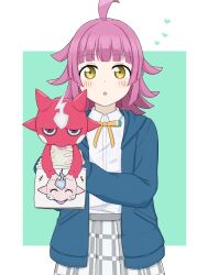  1girl :o absurdres alternate_color blue_jacket blush collared_shirt commentary cowboy_shot crossover drawing_(object) green_background highres holding holding_drawing holding_pokemon hood hooded_jacket jacket kishimen_hair long_sleeves love_live! love_live!_nijigasaki_high_school_idol_club matsuyukisou medium_hair neck_ribbon nijigasaki_school_uniform open_clothes open_jacket open_mouth pink_hair plaid_clothes plaid_skirt pleated_skirt pokemon pokemon_(creature) ribbon school_uniform shiny_pokemon shirt skirt tennoji_rina tongue tongue_out toxel white_shirt white_skirt winter_uniform yellow_ribbon 