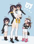  5girls :d bird black_hair breasts carrying emperor_penguin_(kemono_friends) gentoo_penguin_(kemono_friends) hair_over_one_eye headphones highres humboldt_penguin_(kemono_friends) japari_symbol kemono_friends leotard multiple_girls nakashima_(middle_earth) open_mouth penguin penguins_performance_project_(kemono_friends) princess_carry rockhopper_penguin_(kemono_friends) royal_penguin_(kemono_friends) simple_background size_comparison smile thigh-highs white_leotard 