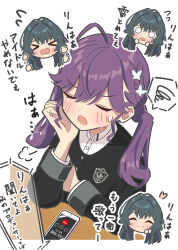  >_< 2girls ^_^ absurdres ahoge black_jacket braid butterfly_hair_ornament cellphone cellphone_photo closed_eyes commentary_request gakuen_idolmaster gokugetsu_academy_school_uniform green_hair hair_ornament heart highres idolmaster jacket kaya_rinha long_hair mole mole_on_neck multiple_girls o_o phone ponsuke2700 puff_of_air purple_hair school_uniform shirt smartphone spoken_squiggle squiggle talking_on_phone tantrum translation_request tsukimura_temari twin_braids white_shirt 