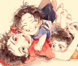  3boys :t ^_^ aged_down arms_around_neck baby bangs_pinned_back barefoot biting biting_another's_arm black_hair black_shirt blue_eyes blue_shirt blush brothers brown_shorts buster_bros!!! child closed_eyes commentary_request cuddling facing_viewer fingernails green_eyes grin group_picture hair_ornament hairpin hand_up hands_on_another's_arm happy heterochromia highres hooded_shirt hypnosis_mic looking_at_viewer loose_hair_strand lower_teeth_only lying lying_on_person male_focus missing_tooth mole mole_under_eye mole_under_mouth multiple_boys multiple_moles on_back on_stomach pale_skin raised_eyebrows red_eyes red_shirt shadow shirt short_hair shorts siblings smile sorako_(yoshida_t) spread_legs teeth toenails yamada_ichiro yamada_jiro yamada_saburo 