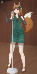  1girl :d absurdres acrux alternate_costume animal_ear_fluff animal_ears artist_logo bare_shoulders bead_necklace beads black_gloves brown_hair brown_shoes collarbone commentary commission dated dress elbow_gloves english_commentary flower full_body gloves green_dress green_headband hair_flower hair_ornament hands_up headband high_heels highres holo indoors jewelry logo long_hair looking_up microphone microphone_stand necklace open_mouth pencil_dress red_eyes shoes skindentation sleeveless sleeveless_dress smile solo spice_and_wolf stage standing straight_hair tail teeth tongue upper_teeth_only wolf_ears wolf_girl wolf_tail 