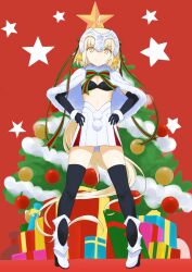  >:) 1girl ahoge bata bell black_bra black_gloves black_thighhighs blonde_hair bow bowtie box bra capelet christmas_ornaments christmas_tree closed_mouth commentary_request doyagao elbow_gloves fate/grand_order fate_(series) full_body fur-trimmed_capelet fur-trimmed_gloves fur_trim gift gift_box gloves green_bow green_ribbon hands_on_own_hips headpiece high_heels jeanne_d'arc_alter_santa_lily_(fate) long_hair looking_at_viewer multicolored_bow multicolored_bowtie red_background ribbon skindentation skirt smile smug solo standing star_(symbol) striped_bow striped_ribbon thigh-highs two-tone_bow two-tone_bowtie underwear v-shaped_eyebrows very_long_hair white_capelet white_skirt yellow_eyes zettai_ryouiki 