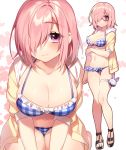  1girl adapted_costume bikini clenched_hand eyebrows_visible_through_hair fate_(series) frilled_bikini frills glasses hair_over_one_eye hand_on_own_arm ichinose_yukino jacket kneeling looking_at_viewer midriff multiple_views navel no_glasses pink_eyes pink_hair plaid plaid_bikini sandals semi-rimless_glasses shielder_(fate/grand_order) short_hair solo swimsuit thigh_strap under-rim_glasses 