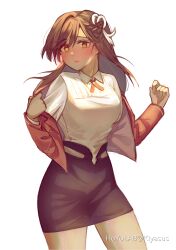  1girl absurdres black_skirt bow breasts brown_hair closed_mouth commentary english_commentary green_eyes hair_bow highres hoyolab_username jacket kiyasuriin long_hair long_sleeves looking_at_viewer medium_breasts red_jacket rosa_(tears_of_themis) simple_background skirt solo tears_of_themis white_background white_bow 