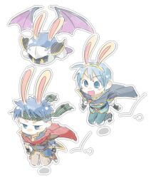  2boys animal_ears blue_eyes blue_hair commentary_request fire_emblem fire_emblem:_mystery_of_the_emblem fire_emblem:_path_of_radiance green_headband headband hopping ike_(fire_emblem) itsuki_(nightlight) kirby_(series) male_focus marth_(fire_emblem) meta_knight multiple_boys rabbit_ears short_hair super_smash_bros. tiara 