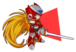  1boy armor blonde_hair blue_eyes chest_jewel chibi energy_sword forehead_jewel full_body g_nm_k helmet holding holding_sword holding_weapon long_hair male_focus mega_man_(series) mega_man_x_(series) red_armor red_background red_helmet simple_background solo sword weapon white_background z_saber zero_(mega_man) 