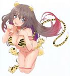  1girl :d animal_ears artist_name bikini blue_eyes breasts brown_hair cat_ears cat_tail cleavage collarbone eyebrows_visible_through_hair floating_hair grey_eyes hair_between_eyes highres jewelry kneeling large_breasts long_hair midriff multicolored_hair navel necklace open_mouth original paw_pose purple_hair redhead shiny shiny_skin smile solo stomach swimsuit tail tanaka_takayuki tiger_ears tiger_tail 