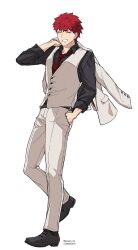  1boy black_shoes closed_eyes commentary_request commission emiya_shirou fate/grand_order fate_(series) full_body gyogyo_hjj hand_in_pocket highres holding holding_jacket holding_unworn_clothes jacket korean_commentary male_focus necktie pants red_hair red_necktie senji_muramasa_(fate) shoes smile solo unworn_jacket vest white_jacket white_pants white_vest 