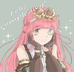1ce_su7n 1girl absurdres aivy_lovencraft fanart goggles goggles_on_head green_eyes highres indie_virtual_youtuber long_hair monocle pink_hair smile spanish_commentary spanish_text virtual_youtuber vtuber vtuberfanart
