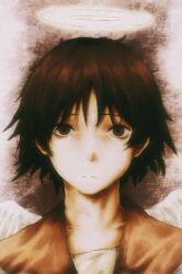  1girl angel angel_wings brown_eyes brown_hair collarbone commentary expressionless feathered_wings film_grain haibane_renmei halo looking_at_viewer messy_hair orange_sailor_collar portrait rakka_(haibane_renmei) ranm12s sailor_collar short_hair solo static_cling traditional_halo wings 