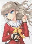  1girl absurdres blue_eyes camera charlotte_(anime) collarbone earphones eyebrows_visible_through_hair floating_hair grey_background grey_hair highres holding holding_camera huge_filesize long_hair na-ga one_side_up red_shirt school_uniform serafuku shirt solo tomori_nao upper_body 