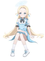  1girl absurdres apron black_bow black_bowtie blonde_hair blue_apron blue_archive blue_eyes blue_halo blush bow bowtie bright_pupils closed_mouth collared_shirt commentary forehead full_body halo highres id_card long_hair looking_to_the_side polo_shirt scrunchie shirt shoes short_sleeves simple_background sitting sneakers socks solo sora_(blue_archive) striped_bow striped_bowtie striped_clothes sweat sweatdrop very_long_hair white_background white_scrunchie white_shirt white_socks wrist_scrunchie xiaoxiaoyifan 