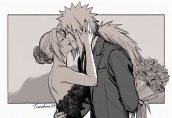  1boy 1girl artist_name commentary couple dress english_commentary flower formal_clothes happy_valentine highres jiraiya_(naruto) kiss long_hair mature_female mature_male monochrome naruto_(series) signature spiky_hair suit tsunade_(naruto) tsunahime99 valentine 