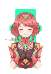  1girl absurdres artist_name bob_cut breasts brown_gloves chest_jewel closed_eyes closed_mouth commentary core_crystal_(xenoblade) cropped_torso earrings facing_viewer fingerless_gloves gem gloves green_gem highres impossible_clothes jewelry large_breasts pochamastudios pyra_(xenoblade) red_hair short_hair solo swept_bangs tiara twitter_username white_background xenoblade_chronicles_(series) xenoblade_chronicles_2 