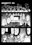  4girls animal_hair_ornament audience capelet clenched_hands comic commentary_request costume dunce_cap fan flying_sweatdrops food food_themed_clothes gloves greyscale grin hair_slicked_back harisen holding honda_mio idol_clothes idolmaster idolmaster_cinderella_girls kuboken_(kukukubobota) monochrome multiple_girls namba_emi nitta_minami oden open_mouth screen short_hair smile speech_bubble stage stage_lights striped surprised sweat thought_bubble translation_request ueda_suzuho vertical_stripes 