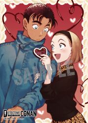  1boy 1girl :d arm_hug black_hair black_hairband black_shirt blue_coat blue_eyes blush brown_hair candy chocolate closed_mouth coat commentary_request copyright_logo copyright_notice cowboy_shot eye_contact food green_eyes hairband heart heart-shaped_chocolate heart-shaped_food holding holding_chocolate holding_food kyougoku_makoto logo long_sleeves looking_at_another meitantei_conan meitantei_conan_card_game official_art open_mouth red_background sample_watermark shirt smile suzuki_sonoko valentine watermark 